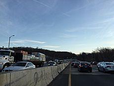 2016-02-02 16 45 55 View south along the outer loop of the Capital Beltway (Interstate 495) just north of the American Legion Memorial Bridge in Potomac, Montgomery County, Maryland during evening rush hour