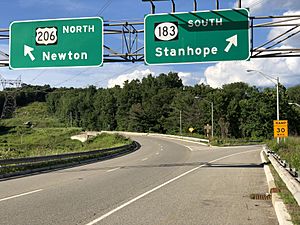 2020-08-01 17 47 38 View north along U.S. Route 206 (Netcong Bypass) at the exit for New Jersey State Route 183 SOUTH (Stanhope) in Stanhope, Sussex County, New Jersey