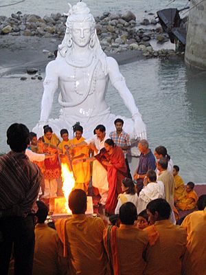 A havan ceremony on the banks of Ganges, Muni ki Reti, Rishikesh