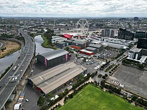 Aerial perspective of the Melbourne Star, the District and Docklands film studio