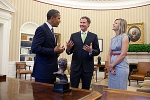 Barack Obama meets with Will Ferrell and Viveca Paulin, 2011