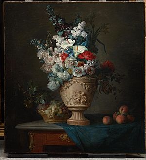 Bouquet of Flowers in a Terracotta Vase with Peaches and Grapes by Anne Vallayer-Coster