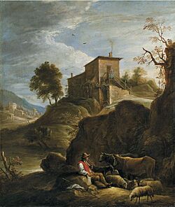 David Teniers II - A pastoral landscape with a herdsman playing a pipe near a waterfall