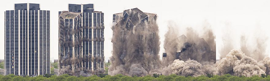 Sequence of images depicting demolition of Martin Tower in Bethlehem, PA, May 19, 2019