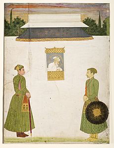 Emperor Aurangzeb at a jharokha window, two noblemen in the foregroundIn 1710 San Diego Museum of Art