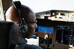 General Charles Q. Brown, Jr., piloting a Boeing KC-46A Pegasus