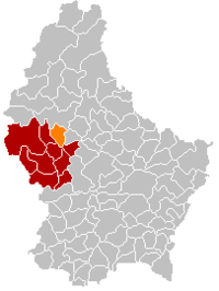 Map of Luxembourg with Grosbous highlighted in orange, and the canton in dark red