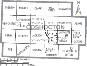 Map of Coshocton County Ohio With Municipal and Township Labels