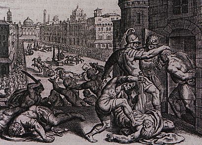 Massacre in the Hippodrome of Thessaloniki in 390, 16th century wood engraving