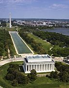 Aerial view of the Lincoln Memorial, reflecting pool, and Washington Monument