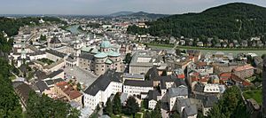 The old town seen over the River Salzach, viewed from the Hohensalzburg fortress.