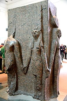 Sculpture of Thutmose III, with the god Montu-Ra and goddess Hathor, 18th Dynasty, from temple of Amun-Ra at Karnak, housed in the British Museum