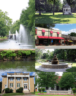 Clockwise, from top: Gazebo in City Park, Main Street Siloam Springs, fountain in Twin Springs Park, entrance to John Brown University, Sager Creek Arts Center, fountains in Sager Creek