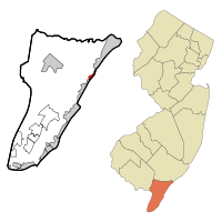 Map of Strathmere highlighted within Cape May County. Right: Location of Cape May County in New Jersey.