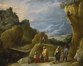 David Teniers (II) - Mountain landscape with a gypsy fortune teller