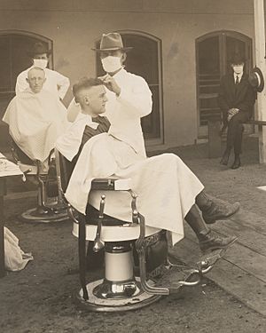 Detail, Co-op Cafeteria detail, Colleges and Universities - University of California - University of California, Berkeley, California. Open air barber shop during influenza epidemic - NARA - 26428662 (cropped)