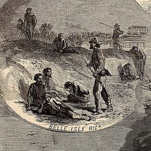 Illustration of U.S. prisoners at Belle Isle (Harper's Weekly, May 21, 1864)