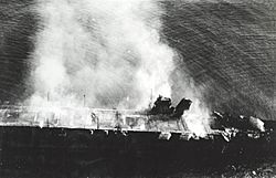 Japanese aircraft carrier Hiryu burning on 5 June 1942 (NH 73064)