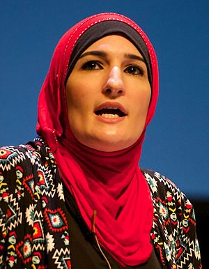 Linda Sarsour speaking at a panel discussion