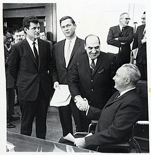 Massachusetts Senator Edward Kennedy, Governor Endicott Peabody, unidentified man, and Mayor John F. Collins (10290505454)