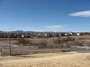 Houses in Westminster with the Front Range in the background.