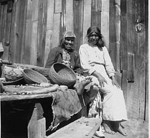 Photograph with text showing a Chuckachancy woman preparing acorns for grinding, California. This is from a survey... - NARA - 296297 (cropped)