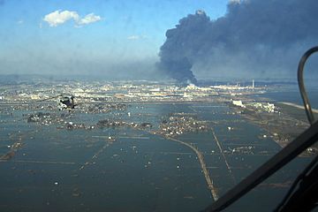 An aerial view of tsunami damage in Tōhoku