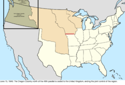 Map of the change to the United States in central North America on June 15, 1846