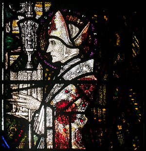 Wexford Church of the Assumption South Aisle Window Harry Clarke The Madonna with Sts Aidan and Adrian Detail Saint Aidan 2010 09 29