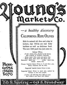 1920 newspaper advert for a Los Angeles, California, market featuring olives