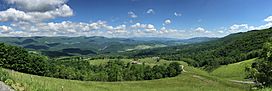 2016-06-06 10 43 14 Panorama northwest, north and northeast from the Germany Valley Overlook on U.S. Route 33 (Mountaineer Drive) on the western slopes of North Fork Mountain near Monkeytown, Pendleton County, West Virginia.jpg