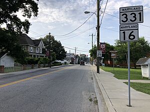 2022-06-22 08 40 28 View south along Maryland State Route 331 and west along Maryland State Route 16 (Main Street) at Chambers Street in Preston, Caroline County, Maryland