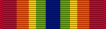 Width-44 ribbon with width-6 central ultramarine blue stripe, flanked by pairs of stripes that are respectively width-4 emerald, width-3 golden yellow, width-5 orange, and width-7 scarlet