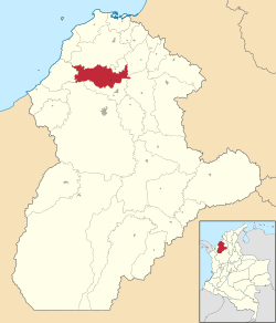 Location of the municipality and town of San Pelayo in the Córdoba Department of Colombia.