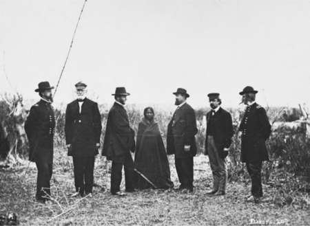 Indian Peace Commission members with unidentified woman