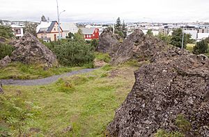 Lava rocks in a park in the centre of Hafnarfjördur