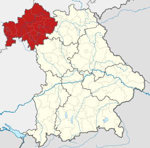 Map of Bavaria highlighting Lower Franconia