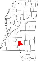 Map of Mississippi highlighting Jefferson Davis County