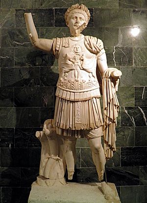Marble statue depicting an ageing Trajan dressed in military cuirass, reworked in the 3rd century, from the theatre stage building at Perga, Antalya Museum (9643079289)