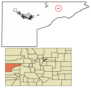 Location of the Town of Collbran in the Mesa County, Colorado.