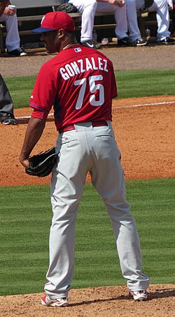Miguel Alfredo González pitching in 2015 spring training (1) (Cropped)