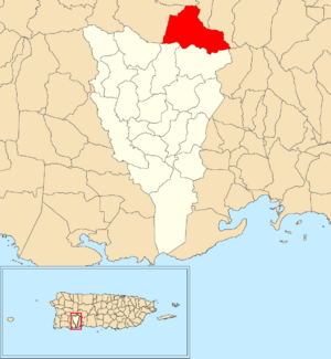 Location of Río Prieto within the municipality of Yauco shown in red