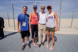 Secretary Kerry Poses for A Photo with U.S. Olympic Beach Volleyball Players Kerri Walsh and April Ross (28750029891)