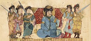 Turkic guard in Preaching scene at Rayy in maqāma 21 (fols. 58v–59r, douvle-page spread as a unit), Maqamat al-Harari 1237
