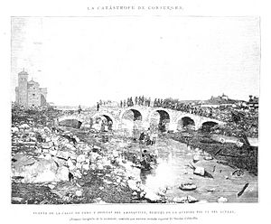 1891-09-22, La Ilustración Española y Americana, La catástrofe de Consuegra, Puente de la calle de Urda y orillas del Amarguillo, después de la avenida del 11 del actual, Caldevilla, Rico