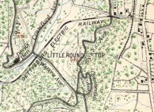 1904 map depicting Round Top buildings along the Taneytown and Wheatfield roads (right).