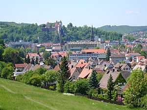 View over Heidenheim towards the castle Helfenstein