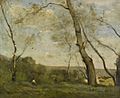 Jean-Baptiste-Camille Corot - Grands arbres dominant la berge d'une rivière (1855)