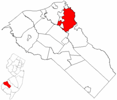 Deptford Township highlighted in Gloucester County. Inset map: Gloucester County highlighted in the State of New Jersey.