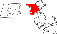Map of Massachusetts highlighting Middlesex County